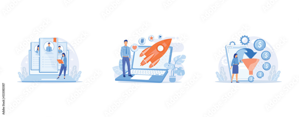 Human resource management, Successful internet marketing, Funnel sales strategy, set flat vector modern illustration