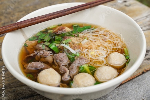 Thai Beef Noodle Soup  Contains fresh meat  Stewed Beef and Meatballs  It is a delicious food and is very popular.