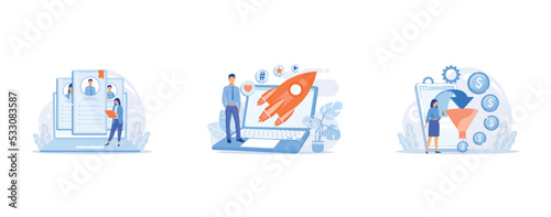 Human resource management, Successful internet marketing, Funnel sales strategy, set flat vector modern illustration