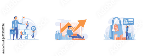 Business leadership motivation, Company revenue rates, Seasonal sale discounts, set flat vector modern illustration