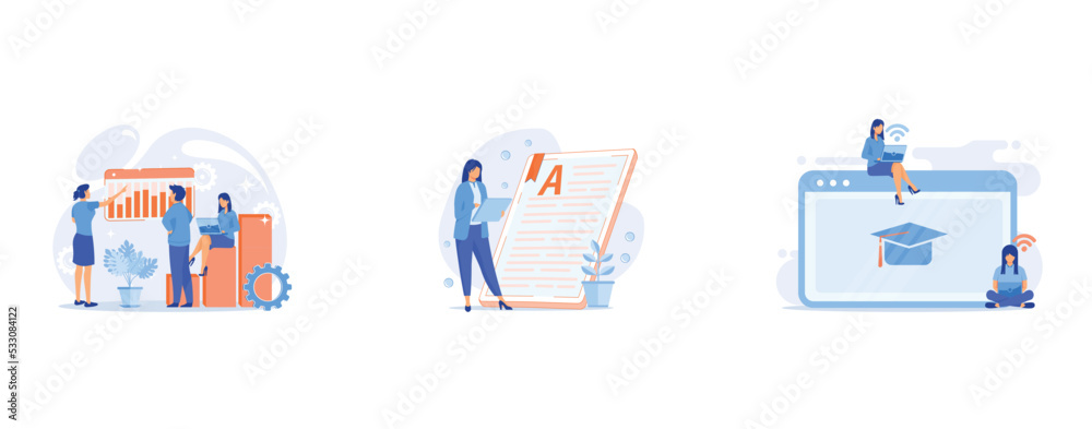 Business innovation presentation, Book online reading, Online preparation for lesson, set flat vector modern illustration Business innovation presentation, Book online reading, Online preparation for lesson, set flat vector modern illustration
