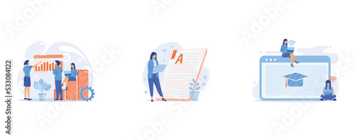 Business innovation presentation, Book online reading, Online preparation for lesson, set flat vector modern illustration