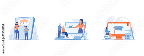 Losing weight, Education for older people, Maths online course, set flat vector modern illustration