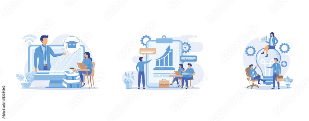 Fototapeta premium Online lecturing, Managers meeting, Company teamwork, idea generation, set flat vector modern illustration