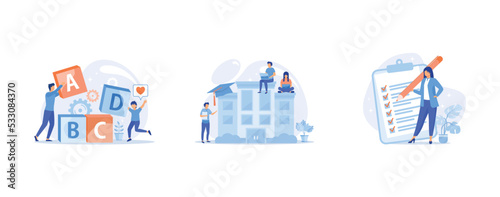 Primary school education, People studying remotely, e learning, Project management, goal completion, to do list, set flat vector modern illustration