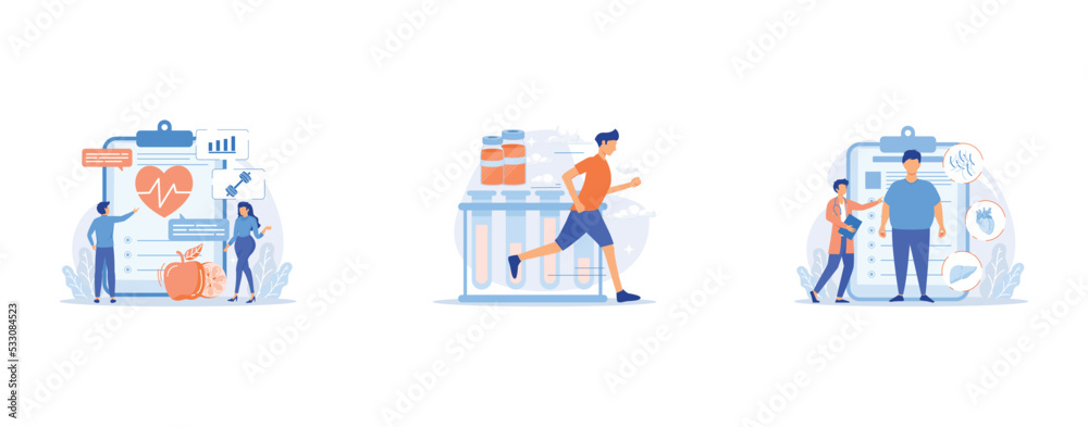 Cardio exercising and healthy lifestyle, Doping test, Obesity problem, set flat vector modern illustration