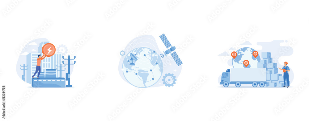 Power plant, electric industry, energy production, Gps coverage area, Order worldwide delivery service, set flat vector modern illustration Power plant, electric industry, energy production, Gps coverage area, Order worldwide delivery service, set flat vector modern illustration