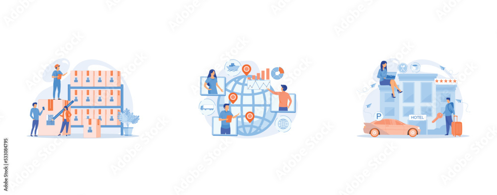 Workers in warehouse, storage facility, Global distribution, international cargo freight company, Business people at hotel use all included services, lodgings and wifi, set flat vector modern illustra