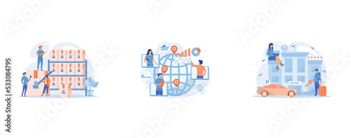 Workers in warehouse, storage facility, Global distribution, international cargo freight company, Business people at hotel use all included services, lodgings and wifi, set flat vector modern illustra