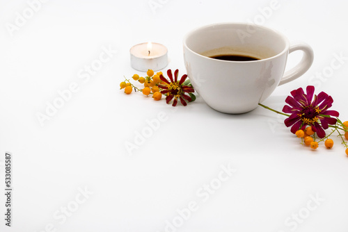 hot coffee espresso with flowers arrangement flat lay postcard style on background white