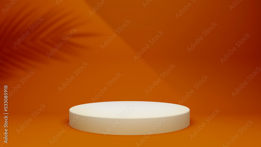 Product display 3D setup. Orange background with white round platform. Round stage riser. Beauty cosmetic studio on yellow holiday backdrop. Product display 3D setup. Orange background with white round platform. Round stage riser. Beauty cosmetic studio on yellow holiday backdrop.