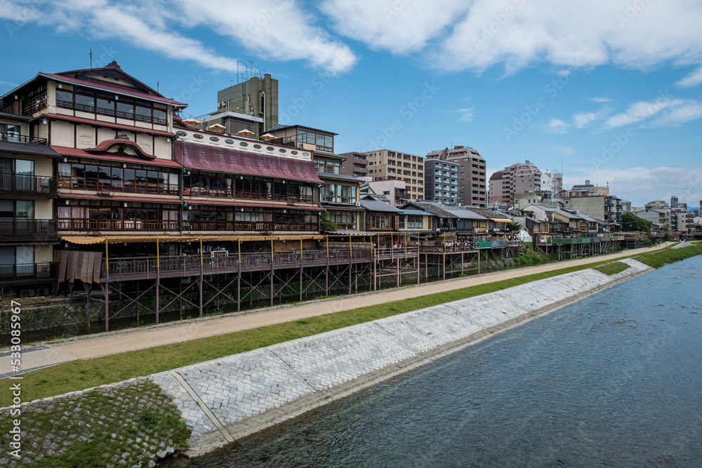 Kamogawa River walk in the city of Kyoto, Japan