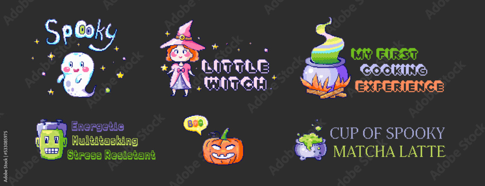 Fototapeta premium Halloween labels pixel art set. Retro 8bit vector badges with quotes collection for halloween celebration, funny stickers, prints, and backgrounds. Witch, ghost, zombie, pumpkin halloween characters.