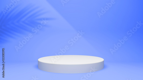 Product display 3D setup. Blue background with white round platform. Round stage riser. Beauty cosmetic studio on yellow holiday backdrop. photo