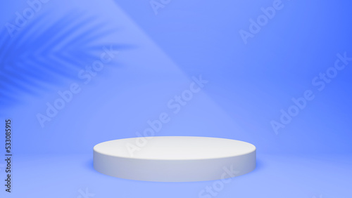 Product display 3D setup. Blue background with white round platform. Round stage riser. Beauty cosmetic studio on yellow holiday backdrop.