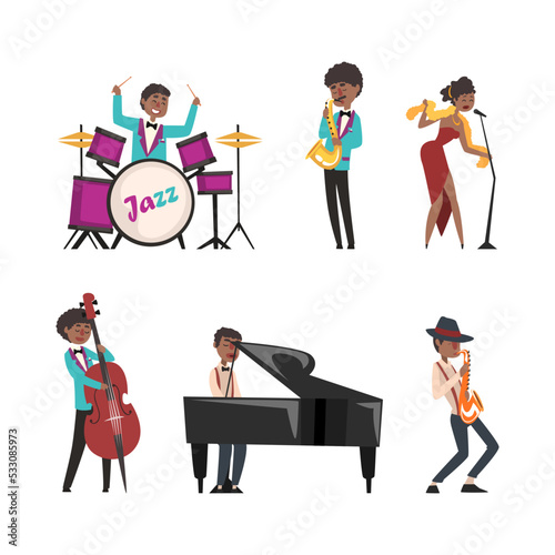 Set of jazz musicians. People performing with musical instruments and singing cartoon vector illustration