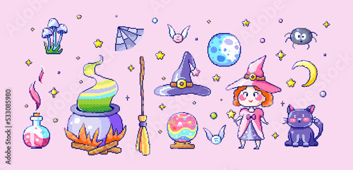 Pixel art witch set. Cute 8bit magic elements like girl witch, wizard hat, cauldron, broom, moon, bat, black cat, web, mushroom, crystal Ball, stars, potion, elixir for stickers, badges, emoji, prints