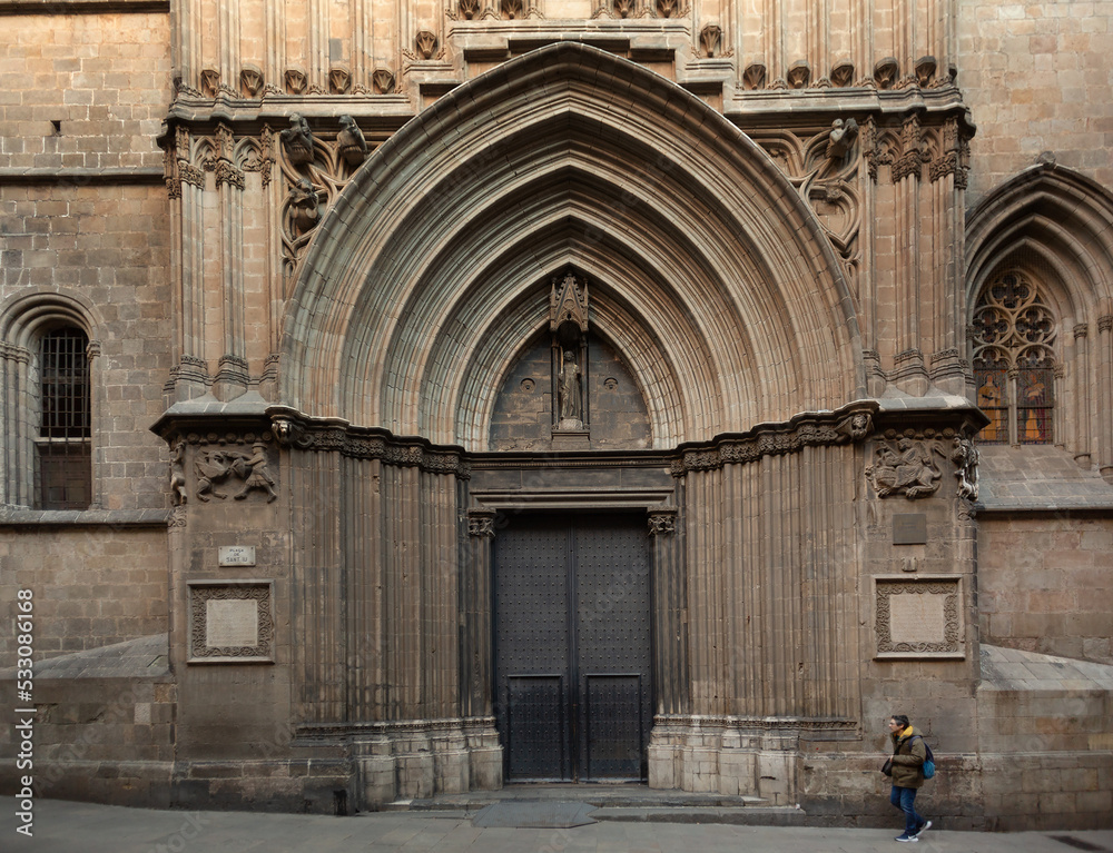 Doors of Saint Ivo at the northern side and former main entrance to Barcelona Cathedral,Detail of interior of Barcelona Cathedral Doors of Saint Ivo at the northern side and former main entrance to Barcelona Cathedral,Detail of interior of Barcelona Cathedral