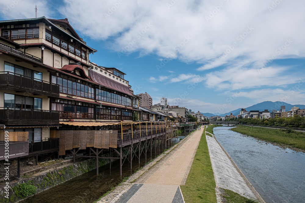 Kamogawa River walk in the city of Kyoto, Japan
