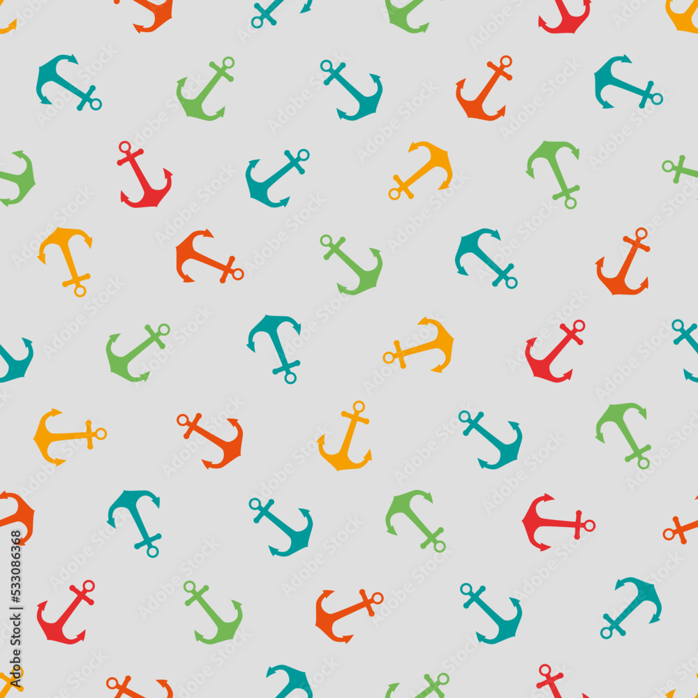 Seamless vector pattern with sea anchors. Nautical theme with colored anchors repeats the background for a textile print.