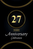 27 years anniversary celebration logo with silver dotted and golden ring borders on black background. Premium design for poster, banner, weddings, birthday party, celebration events, greetings card.