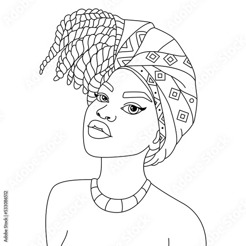 Black woman with braids headwrap modern afro girl hairstyle vector coloring page outline illustration