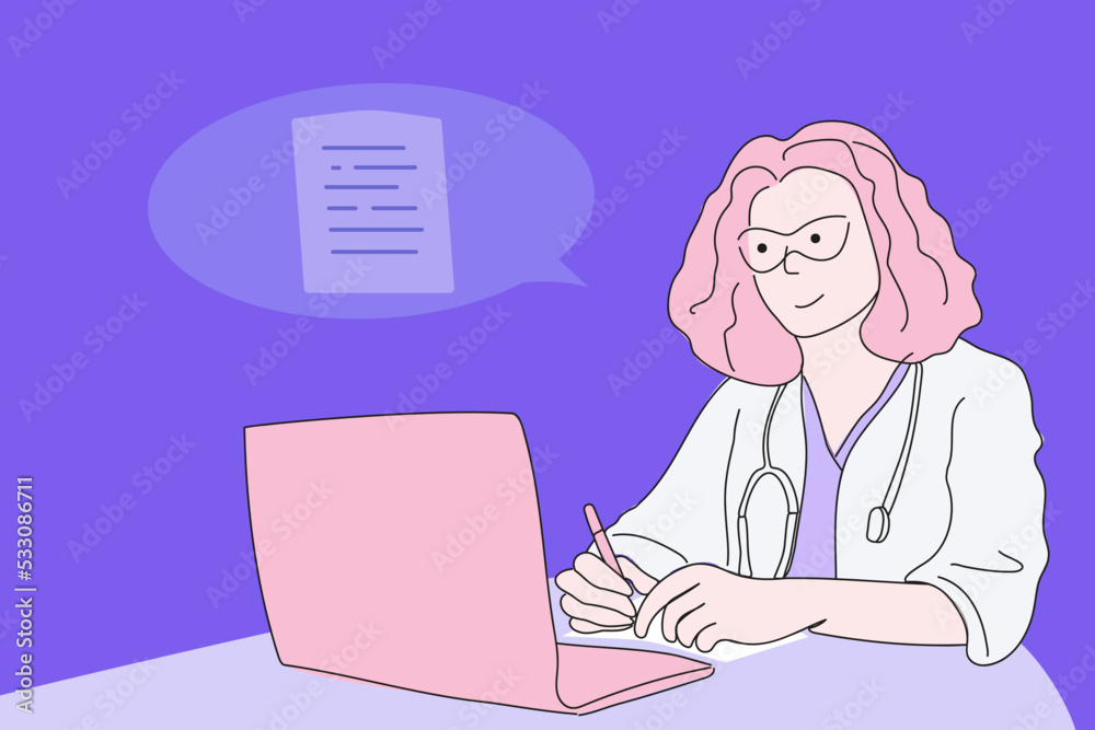 Consultation, medicine, healthcare, care, online, conference concept. The doctor communicates online with the patient, writes a prescription, makes a video call Consultation, medicine, healthcare, care, online, conference concept. The doctor communicates online with the patient, writes a prescription, makes a video call
