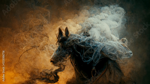 A ghostly horse moving through the mist. Spooky concept.Digital art
