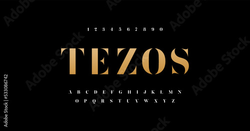Tezos Elegant alphabet letters font and number. Typography luxury classic lettering serif fonts decorative for logo wedding vintage retro concept. vector illustration