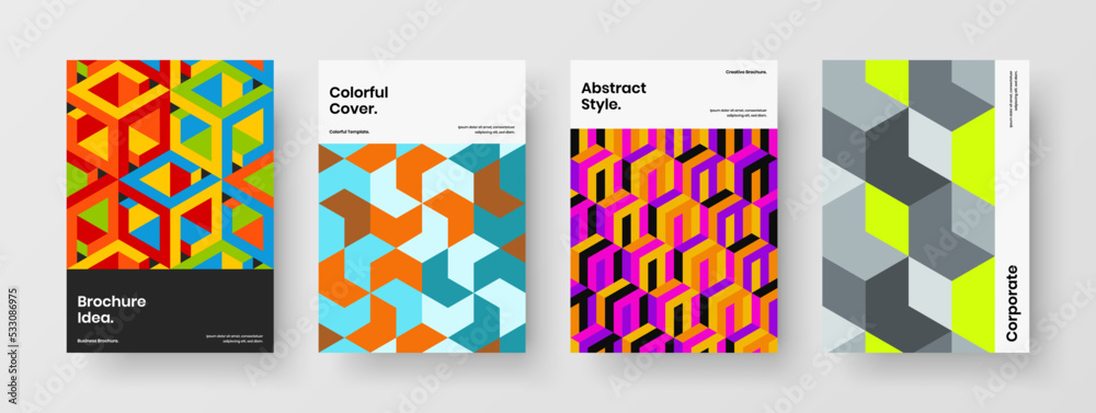 Multicolored geometric tiles booklet template composition. Vivid corporate identity vector design illustration set.