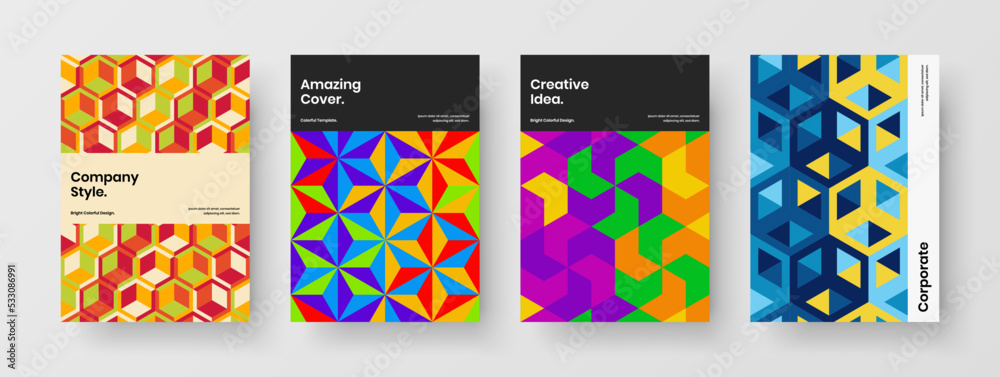 Unique geometric tiles postcard concept composition. Isolated corporate identity vector design template bundle.