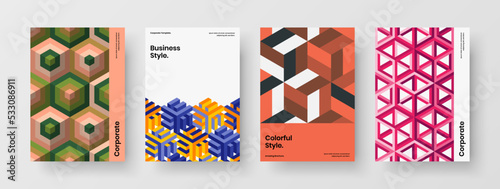 Colorful corporate brochure design vector template bundle. Original mosaic shapes presentation illustration composition.