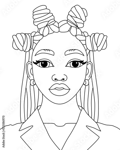 African black woman Bantu knots hairstyle modern afro girl hairstyle vector coloring page outline illustration