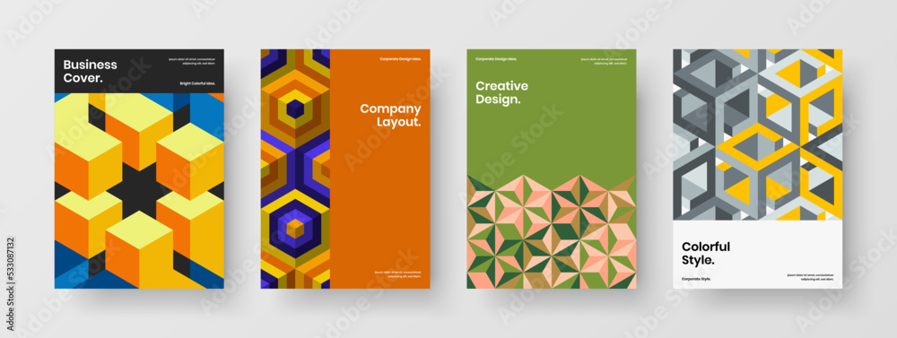 Naklejka premium Clean mosaic shapes corporate identity layout bundle. Original company brochure A4 design vector concept set.