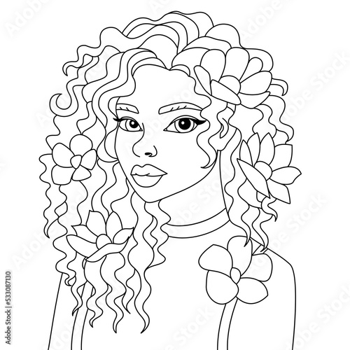 African Black woman curly hairstyle with flowers vector Afro girl vector coloring page outline illustration