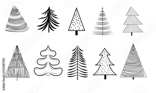 set of different contour Christmas trees