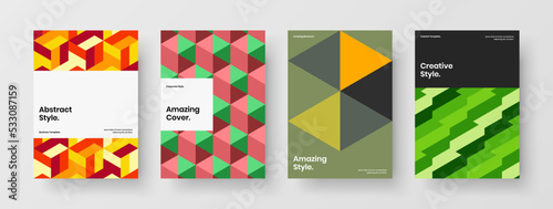Bright geometric pattern flyer illustration set. Clean catalog cover A4 design vector template collection.
