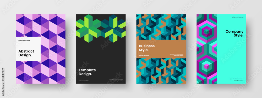 Isolated mosaic hexagons company identity concept composition. Vivid magazine cover A4 design vector illustration set.