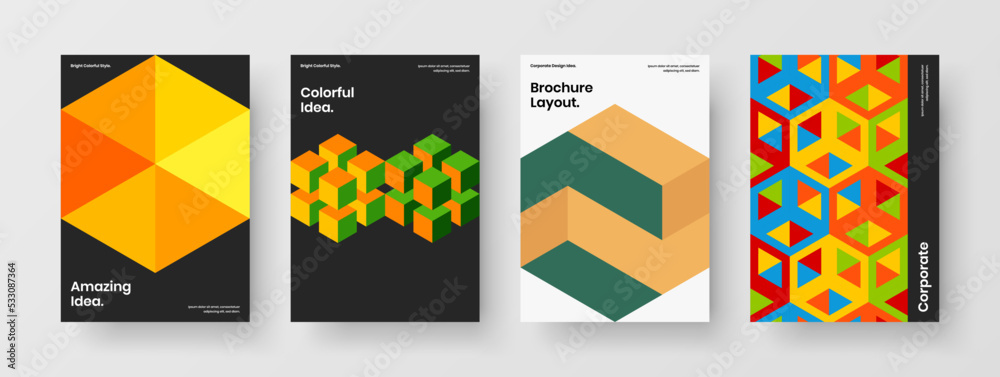 Simple corporate cover A4 design vector layout bundle. Bright geometric hexagons annual report illustration composition. Simple corporate cover A4 design vector layout bundle. Bright geometric hexagons annual report illustration composition.