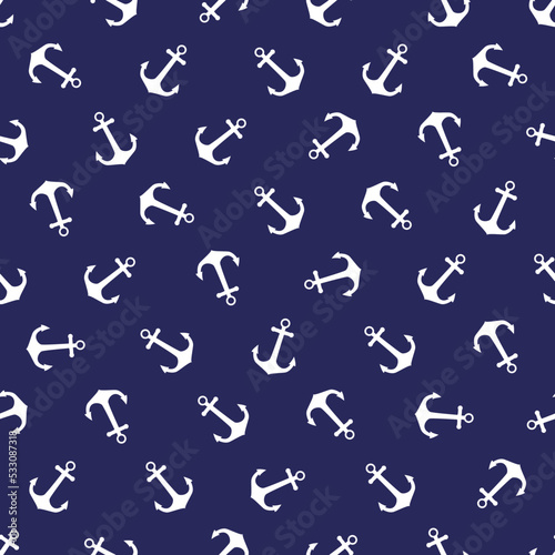 Seamless vector pattern with sea anchors. Nautical theme with white anchors on a blue background for a textile print.