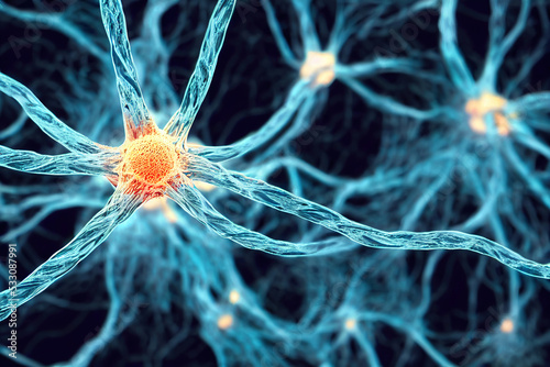 Neural network illustration, nervous system, axons, dendrits, glowing nerve cells, science background wallpaper, 3d illustration, 3d illustration
