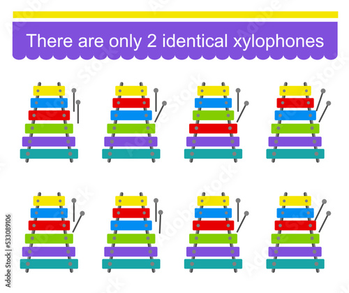 Fun puzzle game for children. Need to find two identical xylophones. Task for development of attention and logic. Vector.