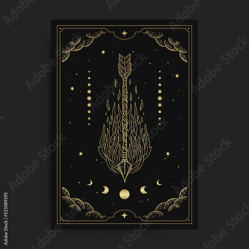 Hand drawn illustration Fire arrow with moon phase decoration