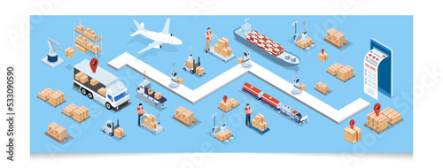 3D isometric Global logistics network concept with Transportation operation service, Export, Import, Cargo, Air, Road, Maritime delivery. Vector illustration EPS 10