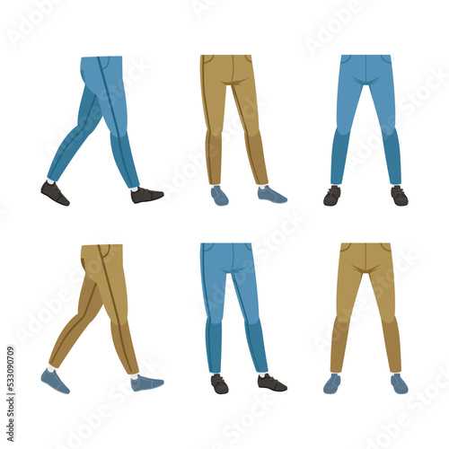 Male legs in jeans and pants posing back, front and side view set. Male character body parts, constructor for animation cartoon vector illustration
