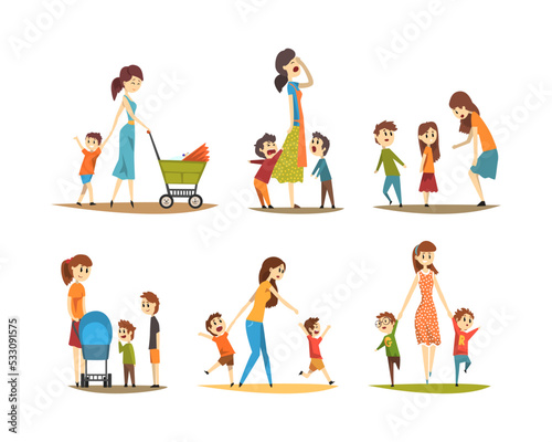 Tired moms with many children set. Mothers walking with children outdoors cartoon vector illustration