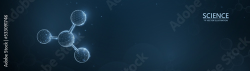 Molecule or atom made from lines, triangles, low polygon and particle style design. Vector illustration