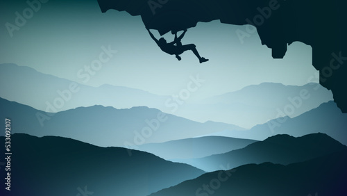 climber on a cliff with mountains as a background. Mountain climber wallpaper for desktop. Rock climber. Extreme rock climber background. Silhouette of a rock climber.