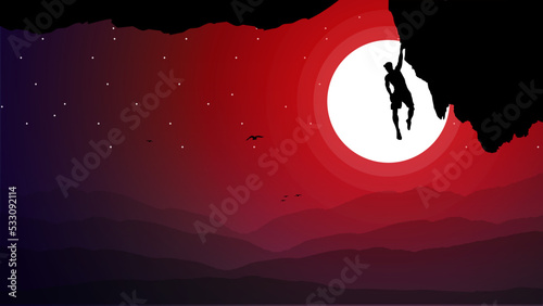climber on a cliff with mountains as a background. Mountain climber walpaper for desktop. Extreme rock climber background. Rock climber. Silhouette of a rock climber. photo