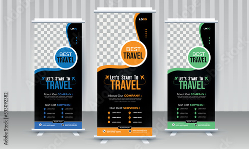Travel business agency modern x stand rollup pullup retractable signage banner design vector template